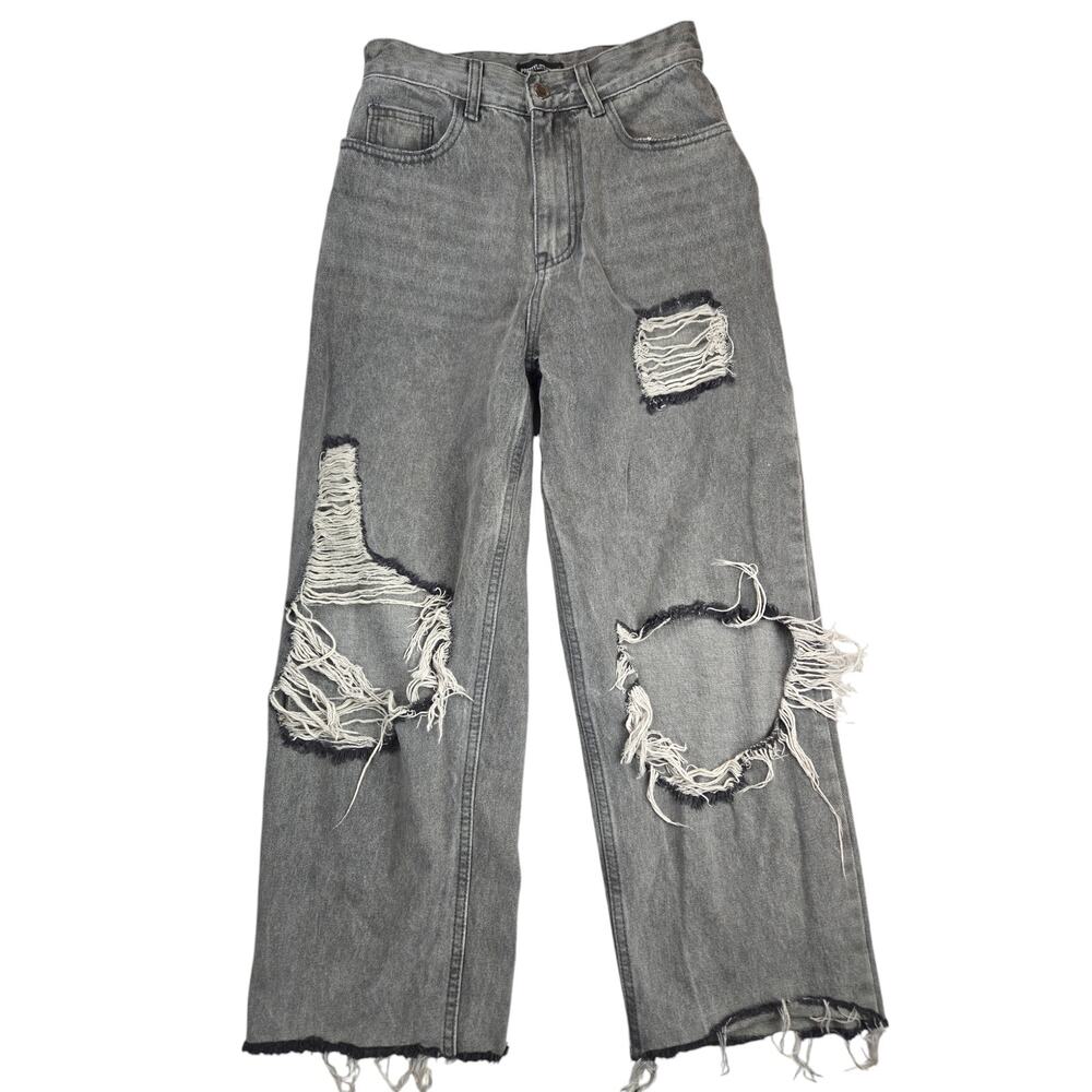 PrettyLittleThing | Grey, Distressed Jeans w/Eyes Stenciled on Pockets | Size 2